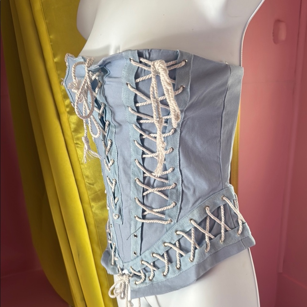 Light Blue Lace-Up Corset Top - Picture 2 of 9